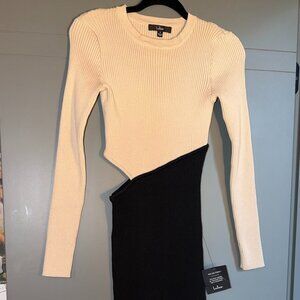 NWT Lulus Cutest Combo Beige and Black Color Block Cutout Sweater Dress Size S